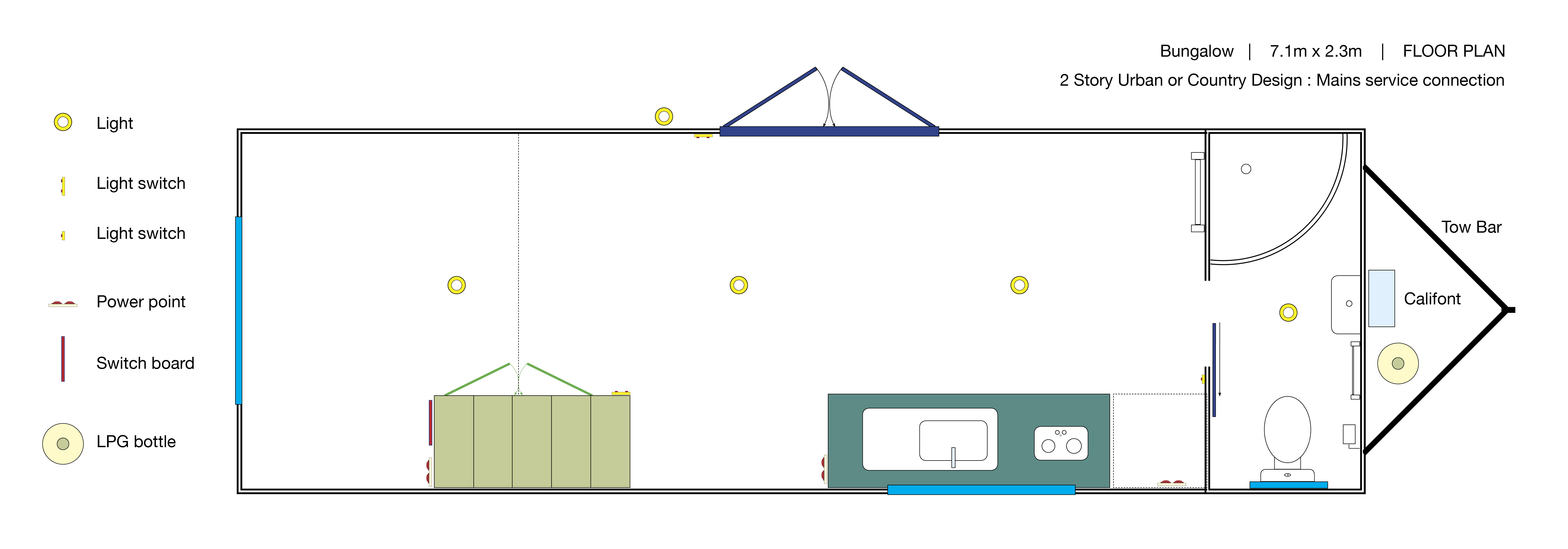 Floor plans for the Bungalow mytinyhome. Details showing bathroom, kitchen and lounge, with upsairs loft bedroom and a loft storage area